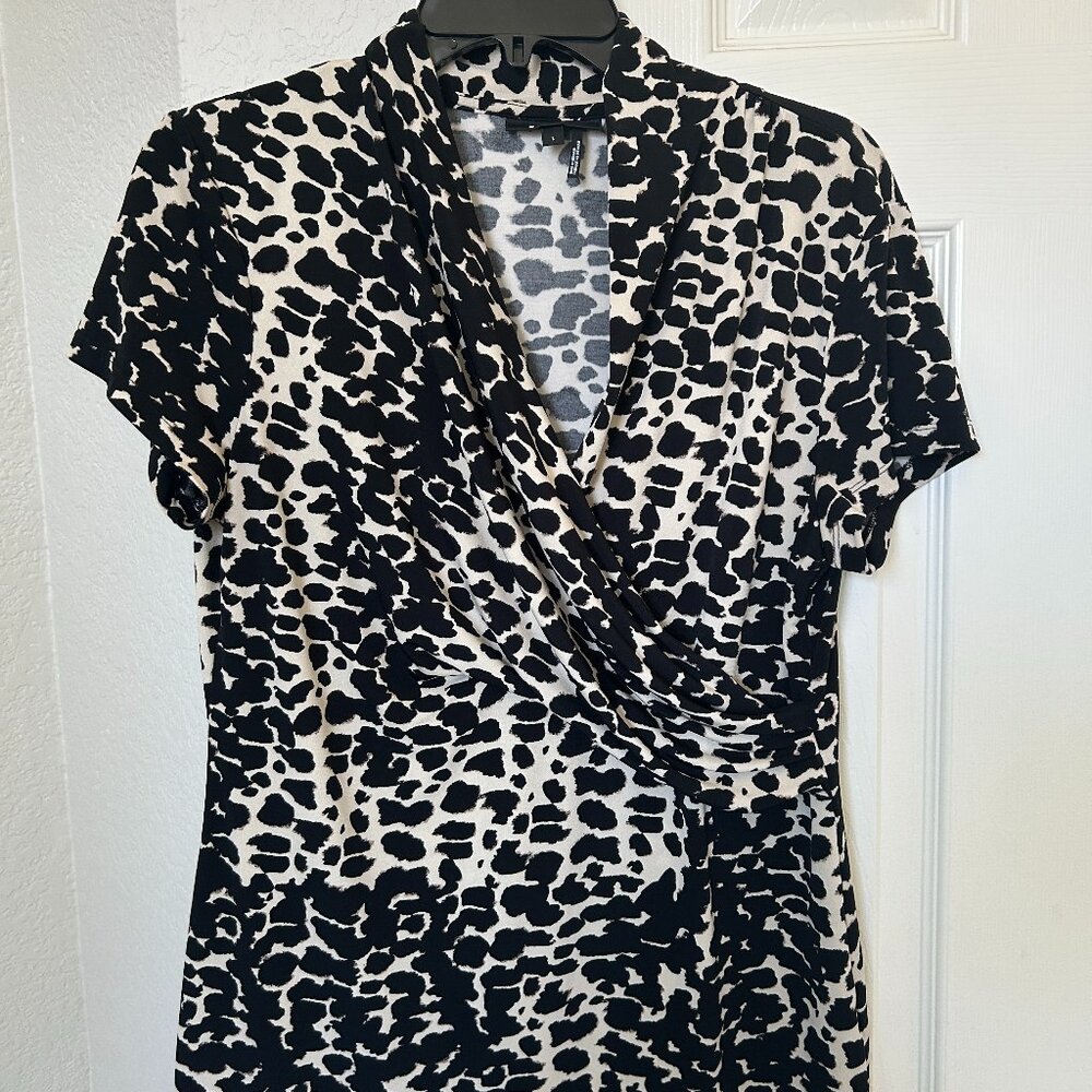 DKNY Animal Print Short Sleeve with Drape Surplice Blouse - Cream/Black - Large